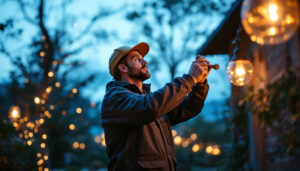 A photograph of a skilled lighting contractor at work