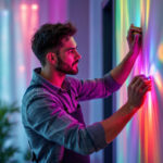 A photograph of a lighting contractor skillfully installing vibrant led color lights in a modern residential or commercial space