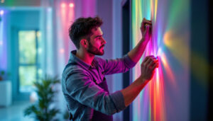 A photograph of a lighting contractor skillfully installing vibrant led color lights in a modern residential or commercial space