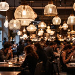 A photograph of a beautifully designed restaurant interior featuring stylish pendant lights