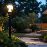 A photograph of a beautifully designed backyard lamp post illuminating a well-maintained outdoor space