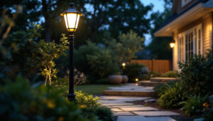A photograph of a beautifully designed backyard lamp post illuminating a well-maintained outdoor space