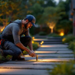 A photograph of a skilled lighting contractor installing elegant walk lighting in a beautifully landscaped outdoor setting