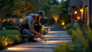A photograph of a skilled lighting contractor installing elegant walk lighting in a beautifully landscaped outdoor setting