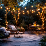 A photograph of a beautifully illuminated outdoor space featuring low voltage landscape string lights