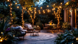 A photograph of a beautifully illuminated outdoor space featuring low voltage landscape string lights