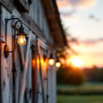 A photograph of an aesthetically pleasing outdoor scene featuring various styles of barn light fixtures installed on a rustic barn or farmhouse