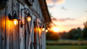 A photograph of an aesthetically pleasing outdoor scene featuring various styles of barn light fixtures installed on a rustic barn or farmhouse