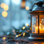 A photograph of a beautifully designed lantern illuminated with warm