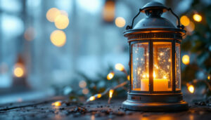 A photograph of a beautifully designed lantern illuminated with warm