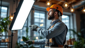 A photograph of a lighting contractor installing or showcasing work led lights in a commercial setting
