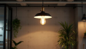 A photograph of a stylish industrial ceiling lamp installed in a modern workspace