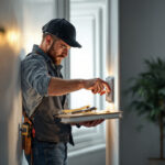 A photograph of a lighting contractor skillfully toggling a light switch in a well-lit room