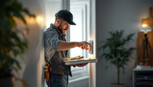 A photograph of a lighting contractor skillfully toggling a light switch in a well-lit room