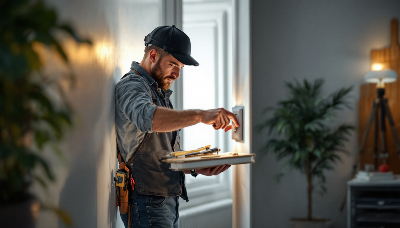 A photograph of a lighting contractor skillfully toggling a light switch in a well-lit room