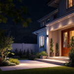 A photograph of a beautifully illuminated outdoor space featuring stylish spotlights highlighting architectural elements