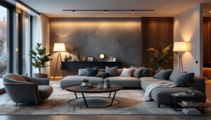 A photograph of a modern living room showcasing innovative home automation lighting solutions