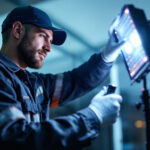 A photograph of a lighting contractor installing or adjusting hid lights in a commercial or residential setting