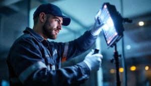A photograph of a lighting contractor installing or adjusting hid lights in a commercial or residential setting