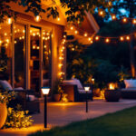 A photograph of a beautifully illuminated outdoor patio at dusk