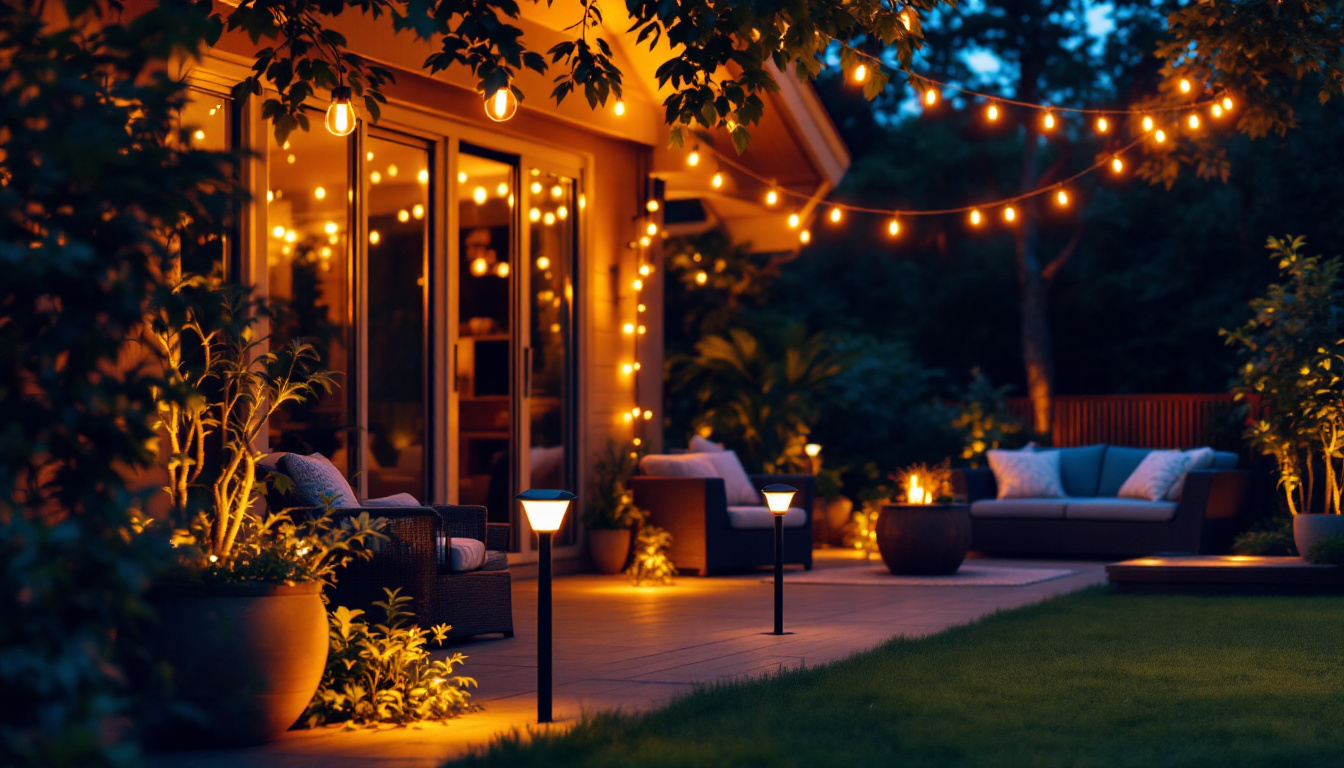 A photograph of a beautifully illuminated outdoor patio at dusk