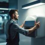 A photograph of a professional lighting contractor installing or servicing a sleek