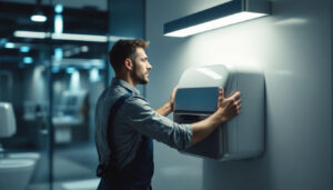 A photograph of a professional lighting contractor installing or servicing a sleek