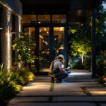 A photograph of a well-lit outdoor space featuring various types of outdoor lighting fixtures