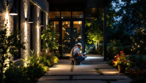 A photograph of a well-lit outdoor space featuring various types of outdoor lighting fixtures