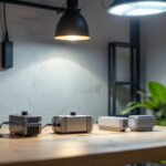 A photograph of a modern lighting setup featuring various types of ballasts