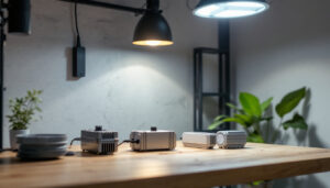 A photograph of a modern lighting setup featuring various types of ballasts