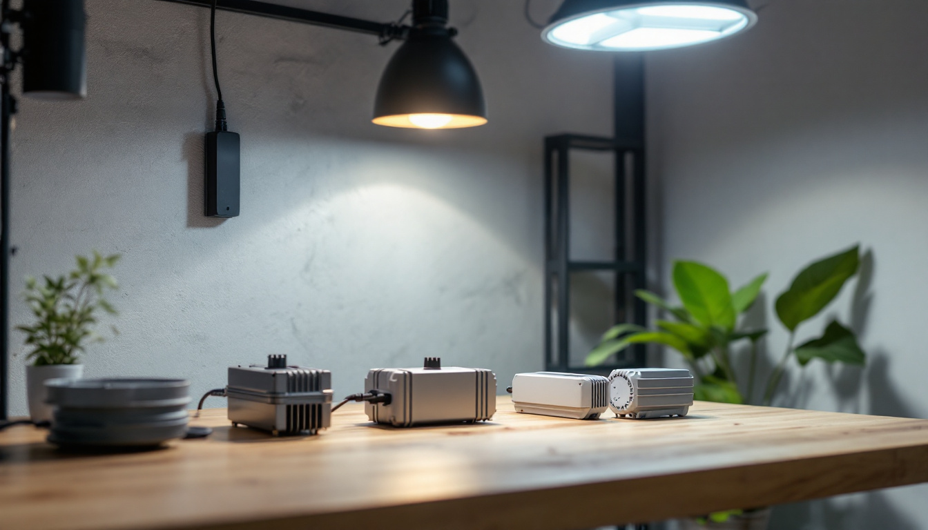 A photograph of a modern lighting setup featuring various types of ballasts