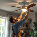 A photograph of a lighting contractor expertly installing a stylish ceiling fan with an integrated light kit in a modern living room