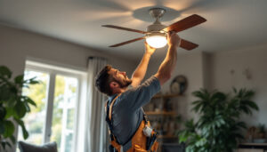 A photograph of a lighting contractor expertly installing a stylish ceiling fan with an integrated light kit in a modern living room