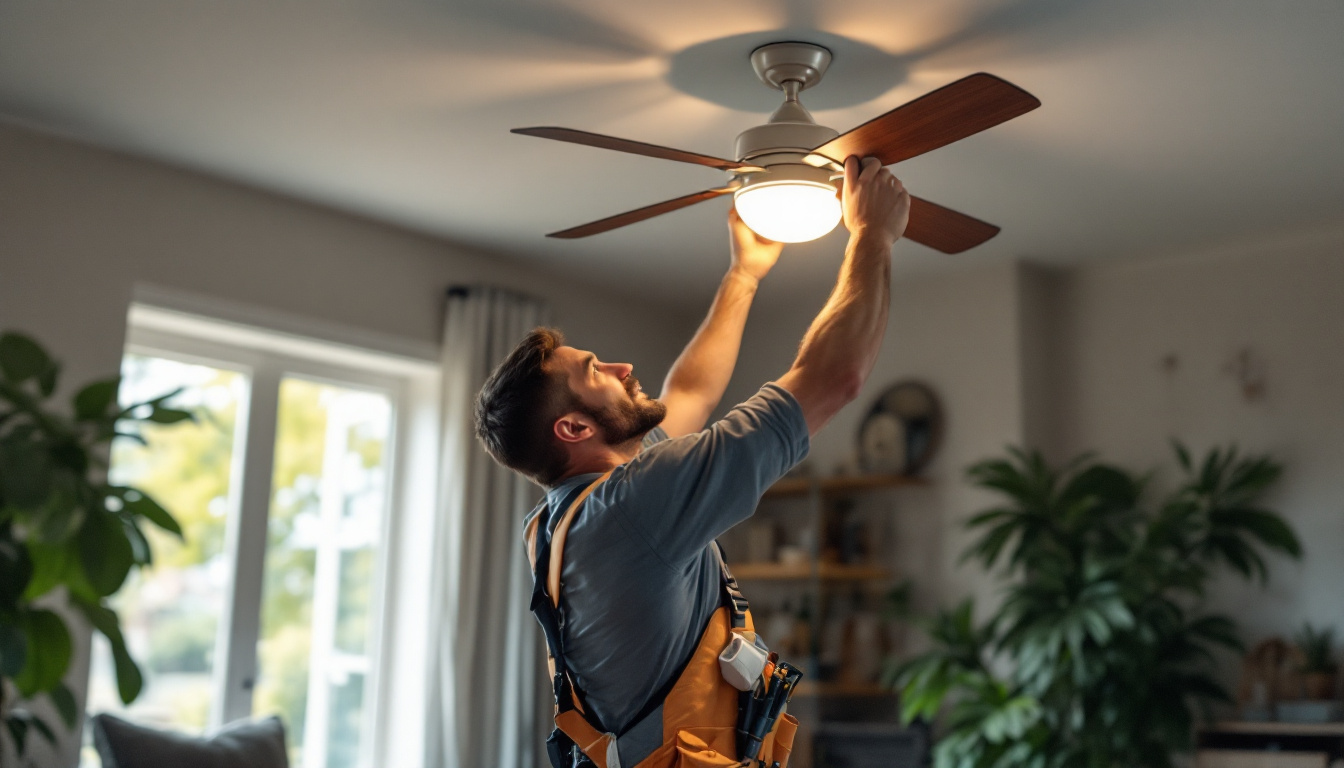A photograph of a lighting contractor expertly installing a stylish ceiling fan with an integrated light kit in a modern living room