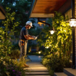 A photograph of a lighting contractor installing brandsmart solar lights in a residential outdoor setting