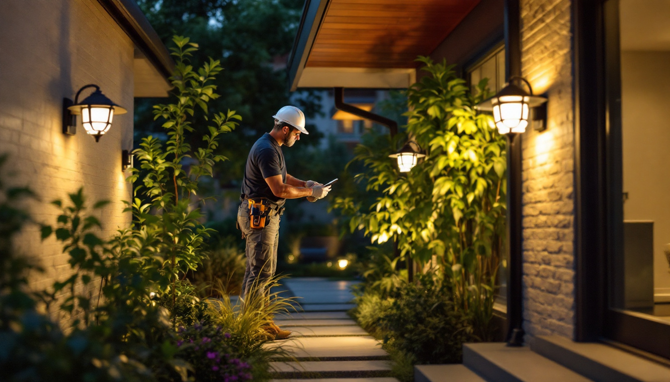 A photograph of a lighting contractor installing brandsmart solar lights in a residential outdoor setting