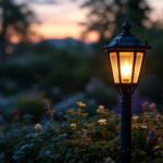 A photograph of a beautifully illuminated outdoor post lantern in a charming garden setting during twilight