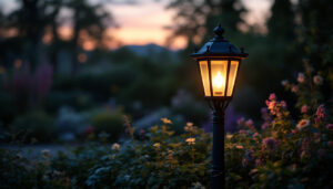 A photograph of a beautifully illuminated outdoor post lantern in a charming garden setting during twilight
