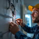 A photograph of a lighting contractor installing a 20 amp toggle switch in a residential setting