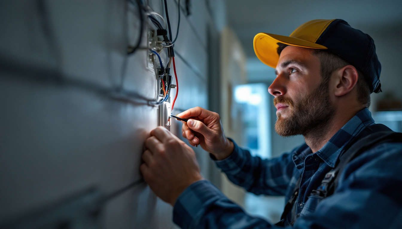 A photograph of a lighting contractor installing a 20 amp toggle switch in a residential setting