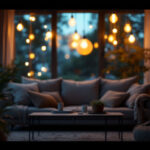A photograph of a beautifully illuminated indoor space featuring stylish solar light fixtures