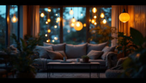 A photograph of a beautifully illuminated indoor space featuring stylish solar light fixtures