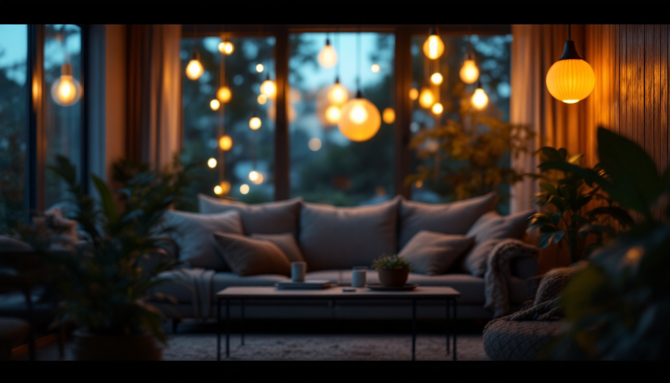 A photograph of a beautifully illuminated indoor space featuring stylish solar light fixtures