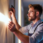 A photograph of a skilled lighting contractor expertly installing led adhesive strip lighting in a modern interior space
