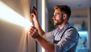 A photograph of a skilled lighting contractor expertly installing led adhesive strip lighting in a modern interior space