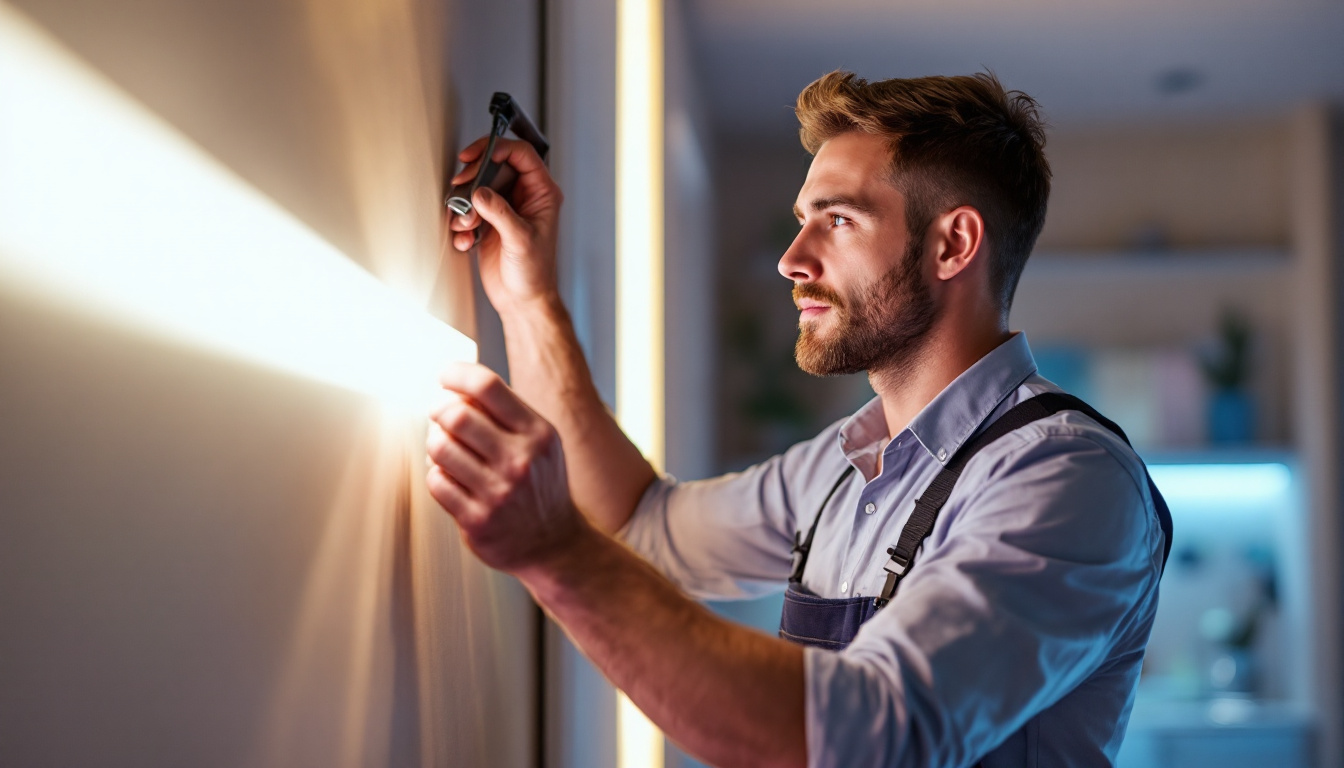 A photograph of a skilled lighting contractor expertly installing led adhesive strip lighting in a modern interior space