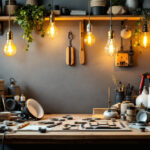 A photograph of a well-organized workspace featuring various types of light bulb bases