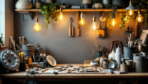 A photograph of a well-organized workspace featuring various types of light bulb bases