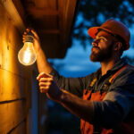 A photograph of a lighting contractor installing a solar edison light bulb in an outdoor setting